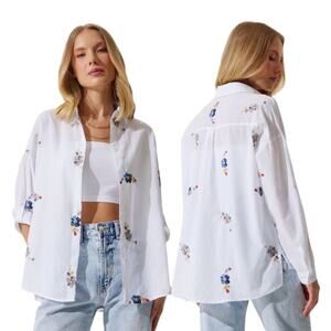 Patiskha Life 100% Cotton Long Sleeve Button Up Floral Embroidered White Medium